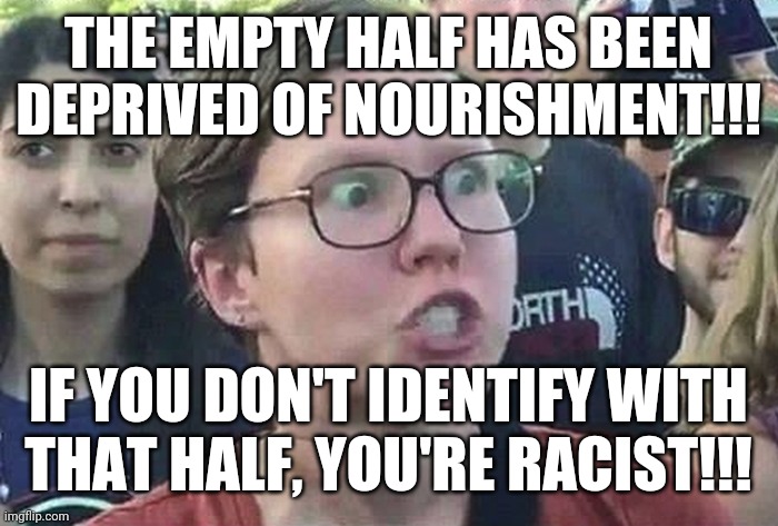 Triggered Liberal | THE EMPTY HALF HAS BEEN DEPRIVED OF NOURISHMENT!!! IF YOU DON'T IDENTIFY WITH THAT HALF, YOU'RE RACIST!!! | image tagged in triggered liberal | made w/ Imgflip meme maker