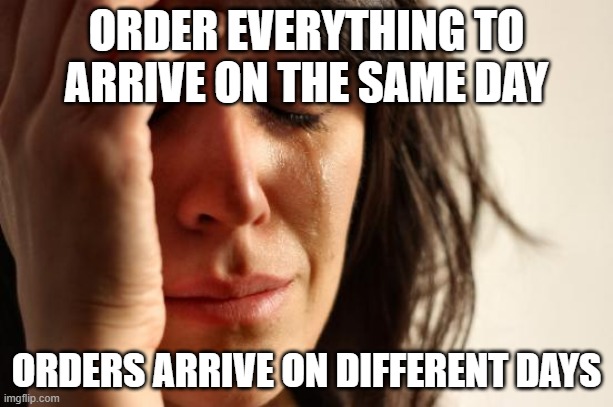 First World Problems | ORDER EVERYTHING TO ARRIVE ON THE SAME DAY; ORDERS ARRIVE ON DIFFERENT DAYS | image tagged in memes,first world problems,memes | made w/ Imgflip meme maker