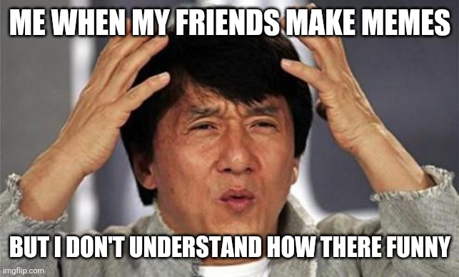 Jackie Chan WTF | ME WHEN MY FRIENDS MAKE MEMES; BUT I DON'T UNDERSTAND HOW THERE FUNNY | image tagged in jackie chan wtf | made w/ Imgflip meme maker