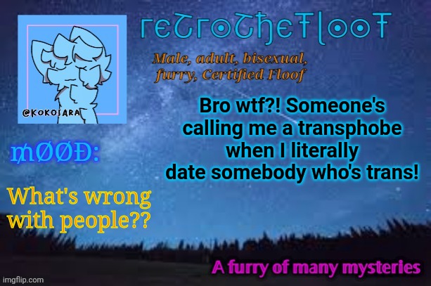 :/ | Bro wtf?! Someone's calling me a transphobe when I literally date somebody who's trans! What's wrong with people?? | image tagged in retrothefloof official announcement template 2 | made w/ Imgflip meme maker