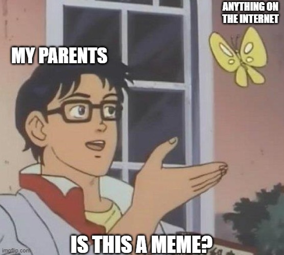 . | ANYTHING ON THE INTERNET; MY PARENTS; IS THIS A MEME? | image tagged in memes,is this a pigeon | made w/ Imgflip meme maker