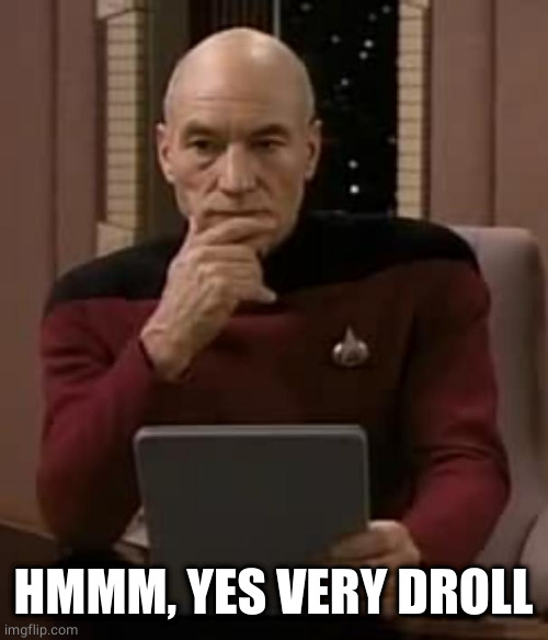 picard thinking | HMMM, YES VERY DROLL | image tagged in picard thinking | made w/ Imgflip meme maker