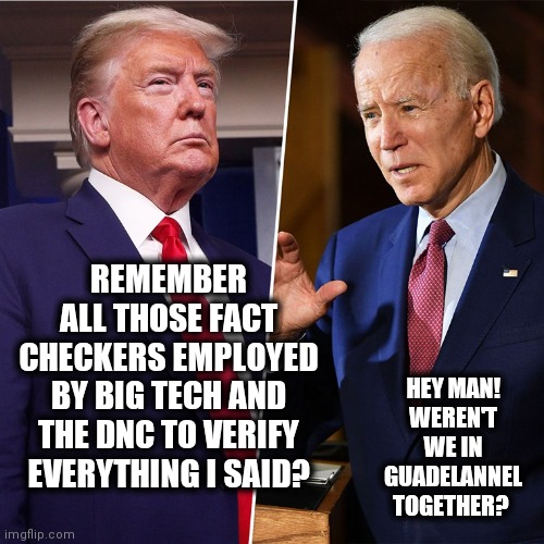 True Lies From The American President | REMEMBER ALL THOSE FACT CHECKERS EMPLOYED BY BIG TECH AND THE DNC TO VERIFY EVERYTHING I SAID? HEY MAN! WEREN'T WE IN GUADELANNEL TOGETHER? | image tagged in trump biden,facts | made w/ Imgflip meme maker