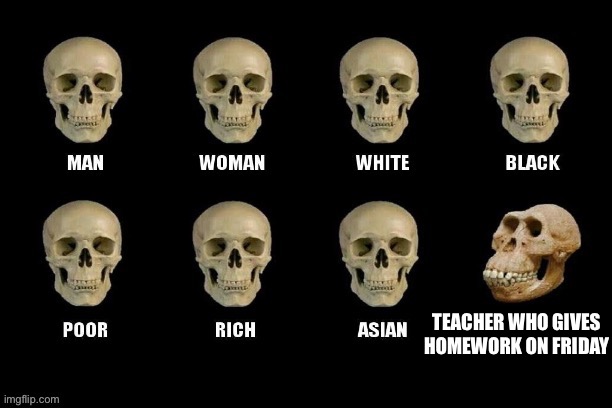 Meme of my math teacher | TEACHER WHO GIVES HOMEWORK ON FRIDAY | image tagged in xray skulls meme | made w/ Imgflip meme maker