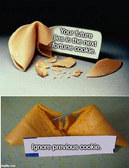 These are confusing times... | Your future lies in the next fortune cookie. Ignore previous cookie. | image tagged in fortune cookie | made w/ Imgflip meme maker