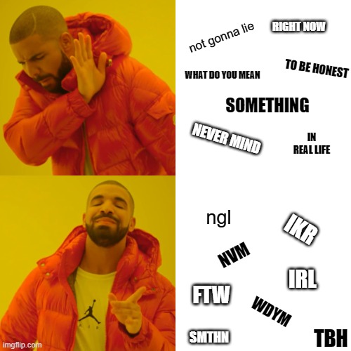 oh ist tnd alrdy? | RIGHT NOW; not gonna lie; TO BE HONEST; WHAT DO YOU MEAN; SOMETHING; IN REAL LIFE; NEVER MIND; ngl; IKR; NVM; IRL; FTW; WDYM; SMTHN; TBH | image tagged in memes,drake hotline bling | made w/ Imgflip meme maker