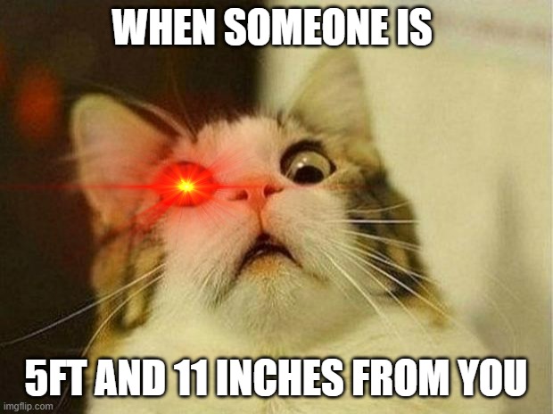 Covid | WHEN SOMEONE IS; 5FT AND 11 INCHES FROM YOU | image tagged in scared cat | made w/ Imgflip meme maker