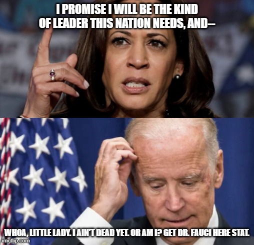 Kamala Harris and Joe Biden | I PROMISE I WILL BE THE KIND OF LEADER THIS NATION NEEDS, AND--; WHOA, LITTLE LADY. I AIN'T DEAD YET. OR AM I? GET DR. FAUCI HERE STAT. | image tagged in kamala harris and joe biden | made w/ Imgflip meme maker