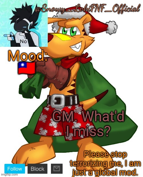 @SnowY_LokiFNF_Official Ty Christmas temp | 🇹🇼; GM. What'd I miss? | image tagged in snowy_lokifnf_official ty christmas temp | made w/ Imgflip meme maker