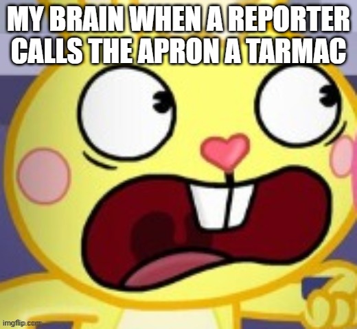 cuddles screams in fear | MY BRAIN WHEN A REPORTER CALLS THE APRON A TARMAC | image tagged in cuddles screams in fear | made w/ Imgflip meme maker