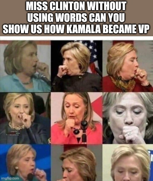 Hillary Harris Blows |  MISS CLINTON WITHOUT USING WORDS CAN YOU SHOW US HOW KAMALA BECAME VP | image tagged in hilly blows | made w/ Imgflip meme maker