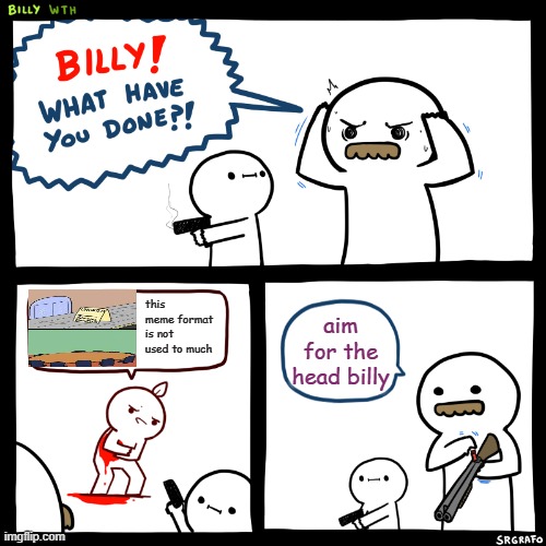 hi | this meme format is not used to much; aim for the head billy | image tagged in billy what have you done | made w/ Imgflip meme maker