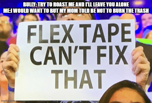 O O O O O   O H  H E  D I D  T H A T | BULLY: TRY TO ROAST ME AND I'LL LEAVE YOU ALONE
ME:I WOULD WANT TO BUT MY MOM TOLD BE NOT TO BURN THE TRASH | image tagged in flex tape cant fix that | made w/ Imgflip meme maker