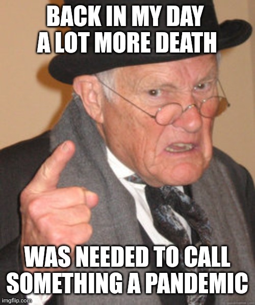 Of course satire. | BACK IN MY DAY 
A LOT MORE DEATH; WAS NEEDED TO CALL SOMETHING A PANDEMIC | image tagged in memes,back in my day | made w/ Imgflip meme maker