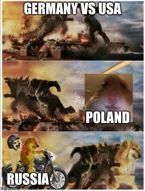 Russia is best | GERMANY VS USA; POLAND; RUSSIA | image tagged in godzilla vs king kong vs doge vs buff doge | made w/ Imgflip meme maker