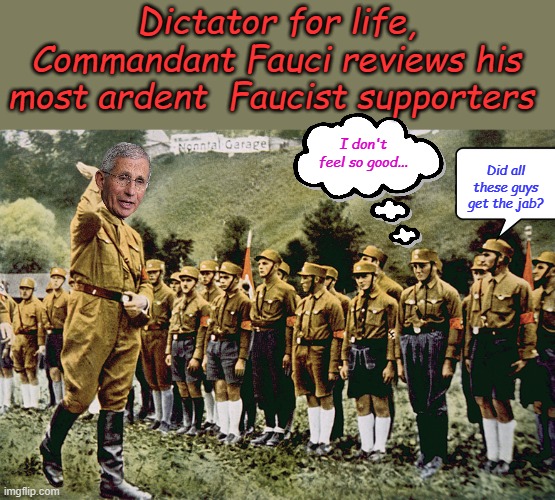 Those who don't understand tyranny are doomed to repeat it. | Dictator for life, Commandant Fauci reviews his most ardent  Faucist supporters; I don't feel so good... Did all these guys get the jab? | image tagged in nazi brown shirts | made w/ Imgflip meme maker