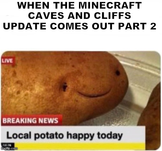 What is your favorite part of the update? | WHEN THE MINECRAFT CAVES AND CLIFFS UPDATE COMES OUT PART 2 | image tagged in local potato happy today,minecraft | made w/ Imgflip meme maker