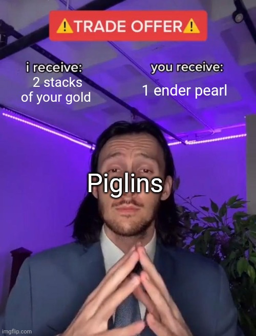 Piglins | 2 stacks of your gold; 1 ender pearl; Piglins | image tagged in trade offer | made w/ Imgflip meme maker