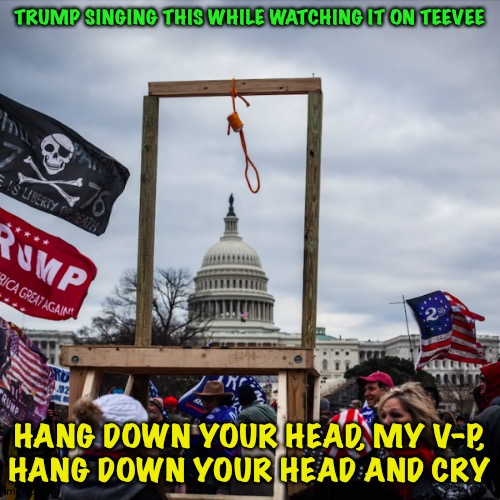 Capitol Punishment | TRUMP SINGING THIS WHILE WATCHING IT ON TEEVEE; HANG DOWN YOUR HEAD, MY V-P,
HANG DOWN YOUR HEAD AND CRY | image tagged in capitol riot gallows noose pence | made w/ Imgflip meme maker