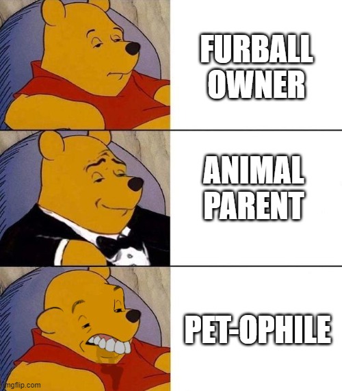 Pets | FURBALL OWNER; ANIMAL PARENT; PET-OPHILE | image tagged in best better blurst,pets,pet owner,humans,animals,words | made w/ Imgflip meme maker