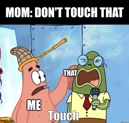 Patrick Touch | MOM: DON'T TOUCH THAT; THAT; ME | image tagged in patrick touch | made w/ Imgflip meme maker