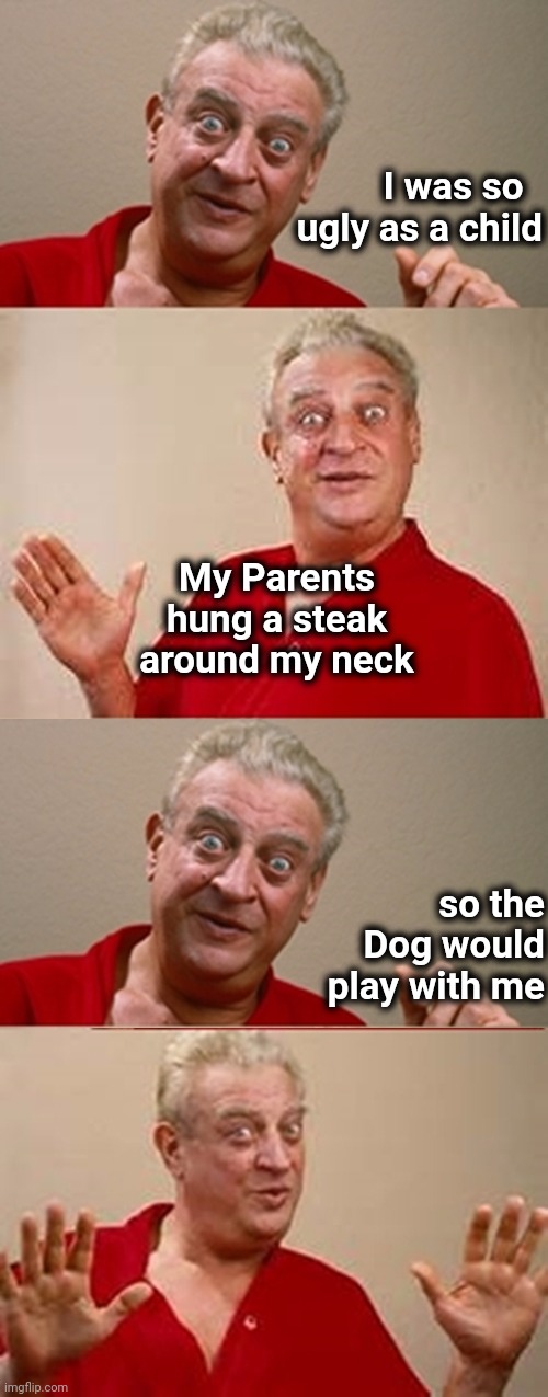 Bad Pun Rodney Dangerfield | I was so   ugly as a child so the Dog would play with me My Parents hung a steak around my neck | image tagged in bad pun rodney dangerfield | made w/ Imgflip meme maker