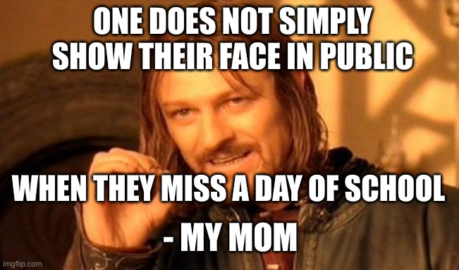 One Does Not Simply Meme | ONE DOES NOT SIMPLY SHOW THEIR FACE IN PUBLIC; WHEN THEY MISS A DAY OF SCHOOL; - MY MOM | image tagged in memes,one does not simply | made w/ Imgflip meme maker