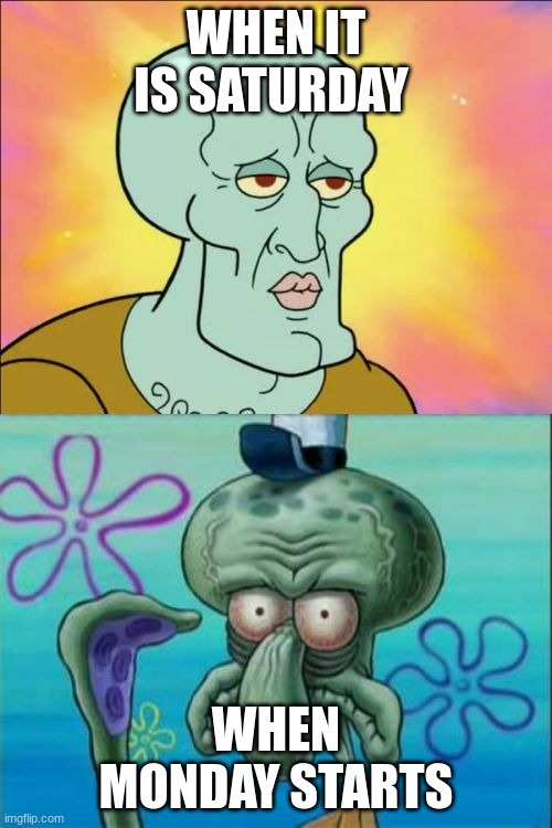 reality | WHEN IT IS SATURDAY; WHEN MONDAY STARTS | image tagged in memes,squidward | made w/ Imgflip meme maker