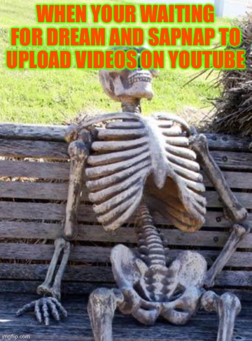 Waiting Skeleton | WHEN YOUR WAITING FOR DREAM AND SAPNAP TO UPLOAD VIDEOS ON YOUTUBE | image tagged in memes,waiting skeleton | made w/ Imgflip meme maker