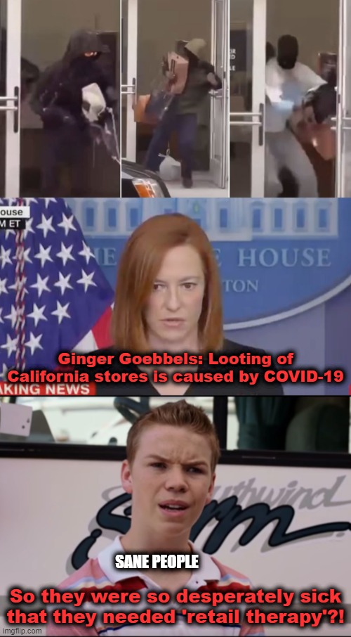 Because democrats' insane decriminalization of crime CAN'T be the cause! | Ginger Goebbels: Looting of California stores is caused by COVID-19; SANE PEOPLE; So they were so desperately sick that they needed 'retail therapy'?! | image tagged in confused psaki,you guys are getting paid,covid-19,california,looting,democrats | made w/ Imgflip meme maker
