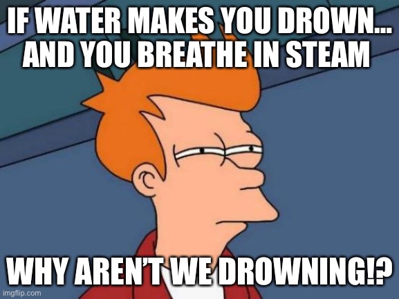 Ok | IF WATER MAKES YOU DROWN… AND YOU BREATHE IN STEAM; WHY AREN’T WE DROWNING!? | image tagged in memes,futurama fry | made w/ Imgflip meme maker