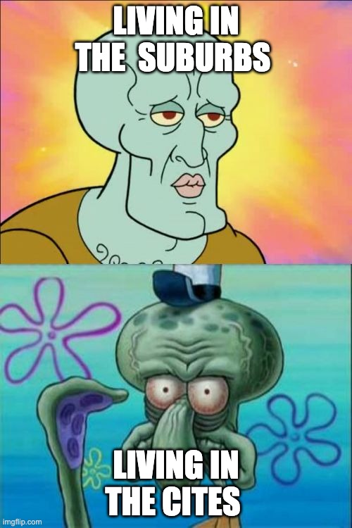 human geo things | LIVING IN THE  SUBURBS; LIVING IN THE CITES | image tagged in memes,squidward | made w/ Imgflip meme maker