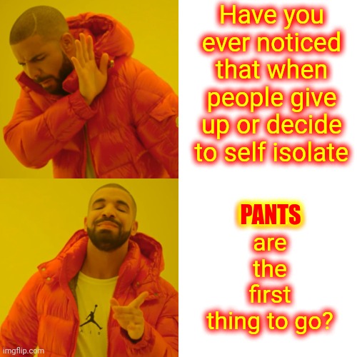 Pants And Bras | Have you ever noticed that when people give up or decide to self isolate; Pants are the first thing to go? PANTS | image tagged in memes,drake hotline bling,uncomfortable,pants,bra,people are funny | made w/ Imgflip meme maker