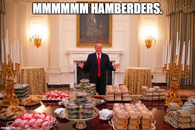 Trump hamburger buffet | MMMMMM HAMBERDERS. | image tagged in trump hamburger buffet | made w/ Imgflip meme maker