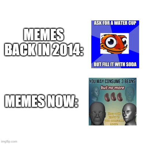 how memes have evolved | MEMES BACK IN 2014:; MEMES NOW: | image tagged in memes,blank transparent square,2014,2021,evolution | made w/ Imgflip meme maker