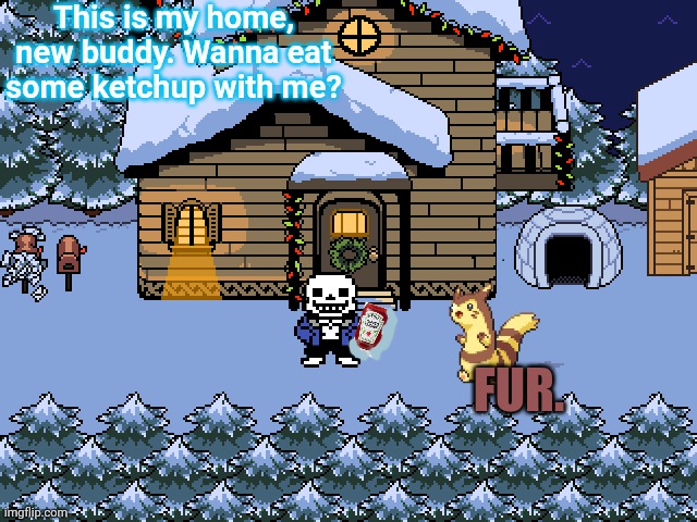 Furret visits undertale | This is my home, new buddy. Wanna eat some ketchup with me? FUR. | image tagged in furret,sans undertale,pokemon,undertale | made w/ Imgflip meme maker