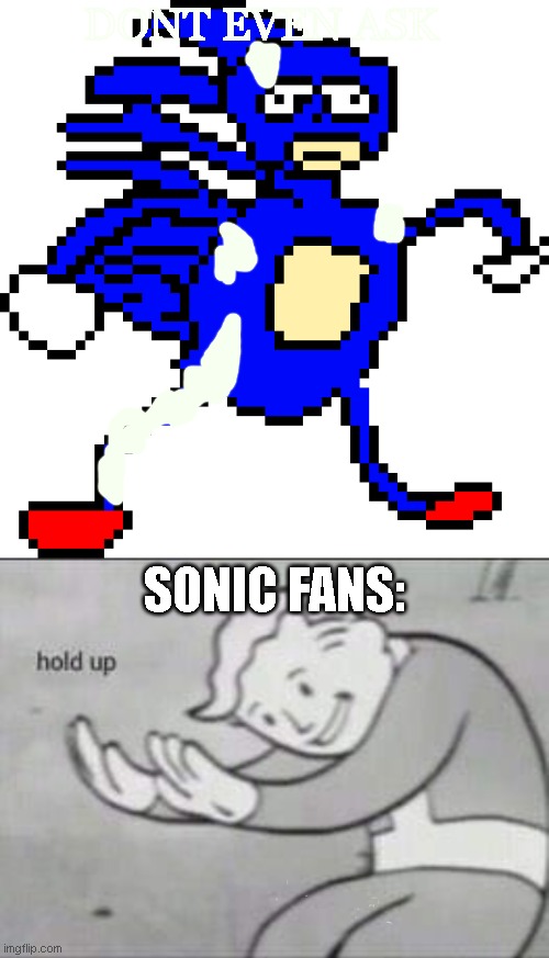 dont even ask | DONT EVEN ASK; SONIC FANS: | image tagged in sanic,fallout hold up,c u m | made w/ Imgflip meme maker