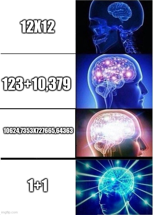 Expanding Brain | 12X12; 123+10,379; 10624,7353X727665,64363; 1+1 | image tagged in memes,expanding brain | made w/ Imgflip meme maker