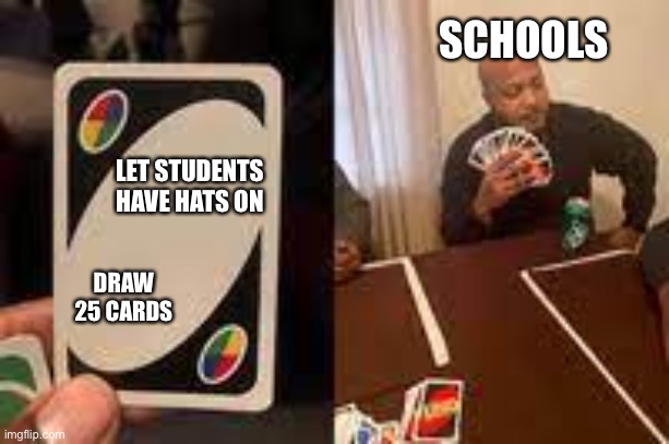 Random tile | SCHOOLS; LET STUDENTS HAVE HATS ON; DRAW 25 CARDS | image tagged in relatable | made w/ Imgflip meme maker