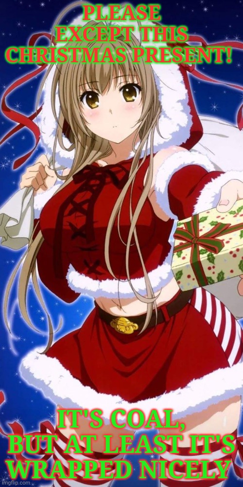 Merry Christmas! | PLEASE EXCEPT THIS CHRISTMAS PRESENT! IT'S COAL, BUT AT LEAST IT'S WRAPPED NICELY | image tagged in merry christmas,anime girl,santa claus,you were,naughty | made w/ Imgflip meme maker