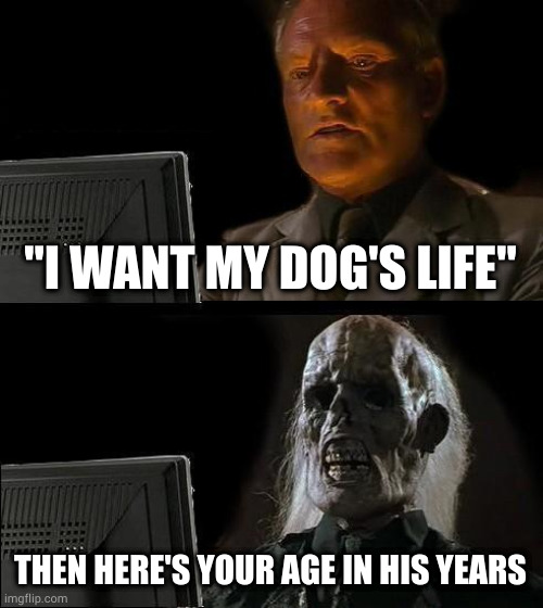 Be careful what you wish for | "I WANT MY DOG'S LIFE"; THEN HERE'S YOUR AGE IN HIS YEARS | image tagged in memes,i'll just wait here | made w/ Imgflip meme maker