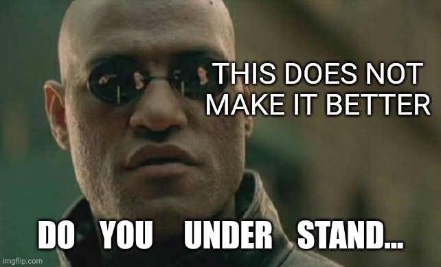 Matrix Morpheus Meme | THIS DOES NOT MAKE IT BETTER DO    YOU     UNDER    STAND... | image tagged in memes,matrix morpheus | made w/ Imgflip meme maker