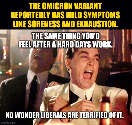 Makes sense. |  THE OMICRON VARIANT REPORTEDLY HAS MILD SYMPTOMS LIKE SORENESS AND EXHAUSTION. THE SAME THING YOU'D FEEL AFTER A HARD DAYS WORK. NO WONDER LIBERALS ARE TERRIFIED OF IT. | image tagged in black background,memes,good fellas hilarious | made w/ Imgflip meme maker
