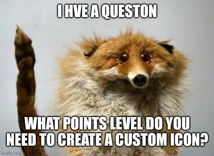 I have a Question Fox | I HVE A QUESTON; WHAT POINTS LEVEL DO YOU NEED TO CREATE A CUSTOM ICON? | image tagged in i have a question fox | made w/ Imgflip meme maker