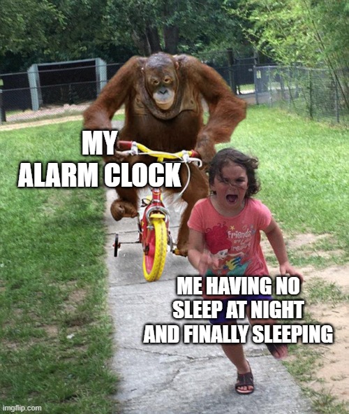 My life v3 | MY ALARM CLOCK; ME HAVING NO SLEEP AT NIGHT AND FINALLY SLEEPING | image tagged in orangutan chasing girl on a tricycle | made w/ Imgflip meme maker