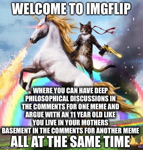 Welcome To The Internets |  WELCOME TO IMGFLIP; WHERE YOU CAN HAVE DEEP PHILOSOPHICAL DISCUSSIONS IN THE COMMENTS FOR ONE MEME AND ARGUE WITH AN 11 YEAR OLD LIKE YOU LIVE IN YOUR MOTHERS BASEMENT IN THE COMMENTS FOR ANOTHER MEME; ALL AT THE SAME TIME | image tagged in memes,welcome to the internets,meanwhile on imgflip,true story bro | made w/ Imgflip meme maker