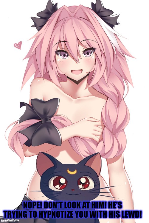 Astolfo(mod: shit its one of those censor) | NOPE! DON'T LOOK AT HIM! HE'S TRYING TO HYPNOTIZE YOU WITH HIS LEWD! | image tagged in astolfo,trap,anime boi,censorship | made w/ Imgflip meme maker