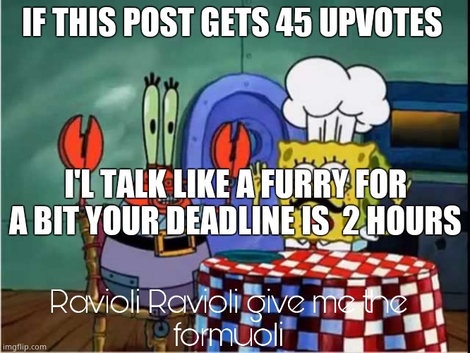 Ravioli Ravioli Give Me The Formuoli | IF THIS POST GETS 45 UPVOTES; I'L TALK LIKE A FURRY FOR A BIT YOUR DEADLINE IS  2 HOURS | image tagged in ravioli ravioli give me the formuoli | made w/ Imgflip meme maker