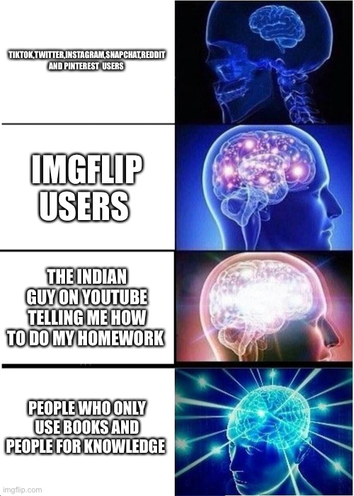 Brand | TIKTOK,TWITTER,INSTAGRAM,SNAPCHAT,REDDIT AND PINTEREST  USERS; IMGFLIP USERS; THE INDIAN GUY ON YOUTUBE TELLING ME HOW TO DO MY HOMEWORK; PEOPLE WHO ONLY USE BOOKS AND PEOPLE FOR KNOWLEDGE | image tagged in memes,expanding brain,funny,kermit the frog,jimmy neutron,carl wheezer | made w/ Imgflip meme maker