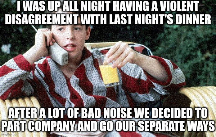 Not sure if TMI or tell me more | I WAS UP ALL NIGHT HAVING A VIOLENT DISAGREEMENT WITH LAST NIGHT'S DINNER; AFTER A LOT OF BAD NOISE WE DECIDED TO
PART COMPANY AND GO OUR SEPARATE WAYS | image tagged in sick day | made w/ Imgflip meme maker